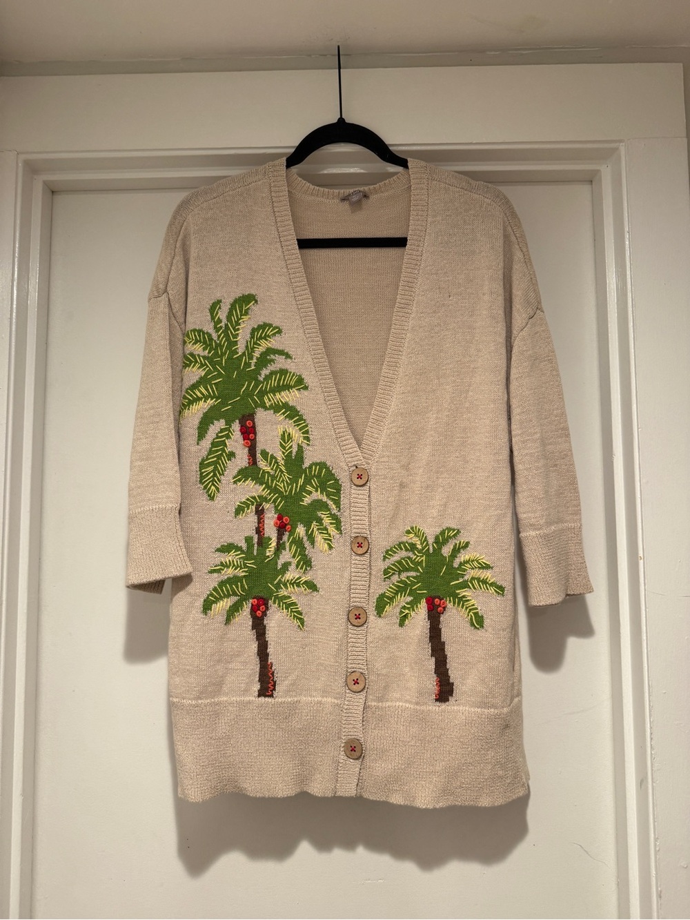 J Jill Women's Sweater Cardigan Linen Cotton Blend Palm Tree Embroidery Size XL - Picture 2 of 9